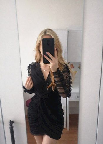 Drapeli Uzun Kollu Siyah dantelli Elbise - Görsel 2