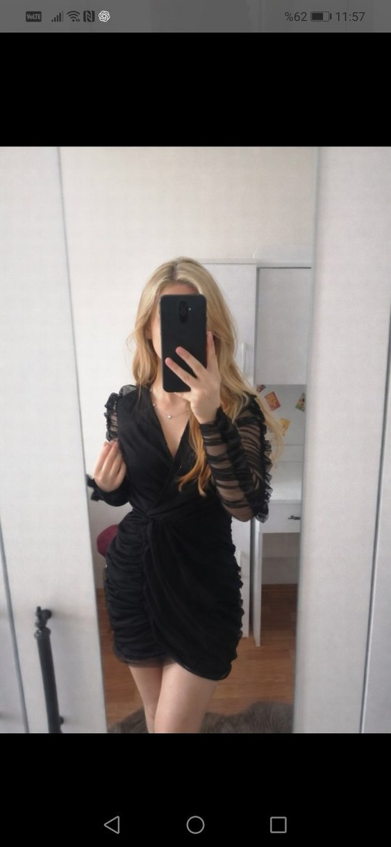 Drapeli Uzun Kollu Siyah dantelli Elbise - Görsel 2