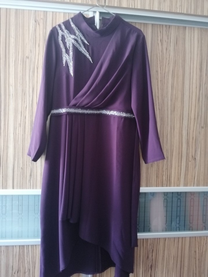 Mor Uzun Kollu Drapeli Abiye Elbise - Görsel 2