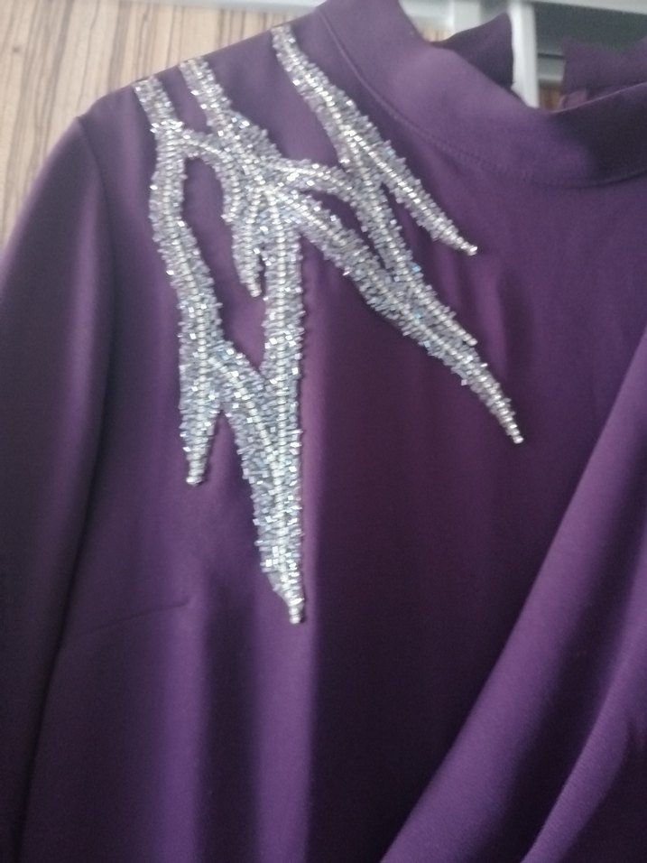 Mor Uzun Kollu Drapeli Abiye Elbise - Görsel 3