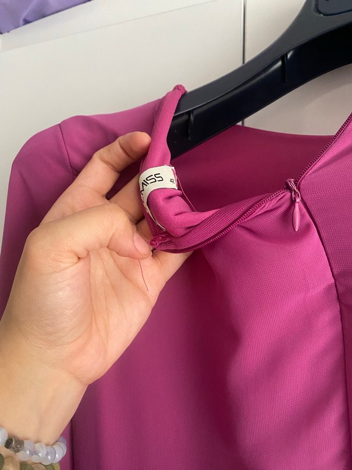 Uzun Kollu Pembe İşlemeli Kadın Elbise - Görsel 2