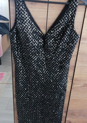 Siyah Payetli Yılan Desenli Uzun Abiye Elbise - Görsel 2