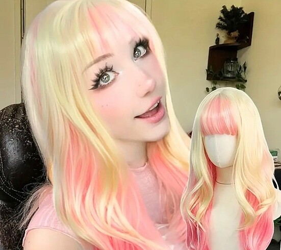 Sarı pembe renkli uzun cosplay saç peruk