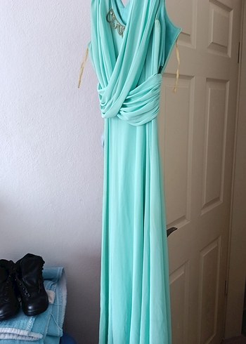 Turkuaz Uzun Drapeli Abiye Elbise - Görsel 6