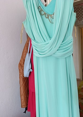 Turkuaz Uzun Drapeli Abiye Elbise - Görsel 7