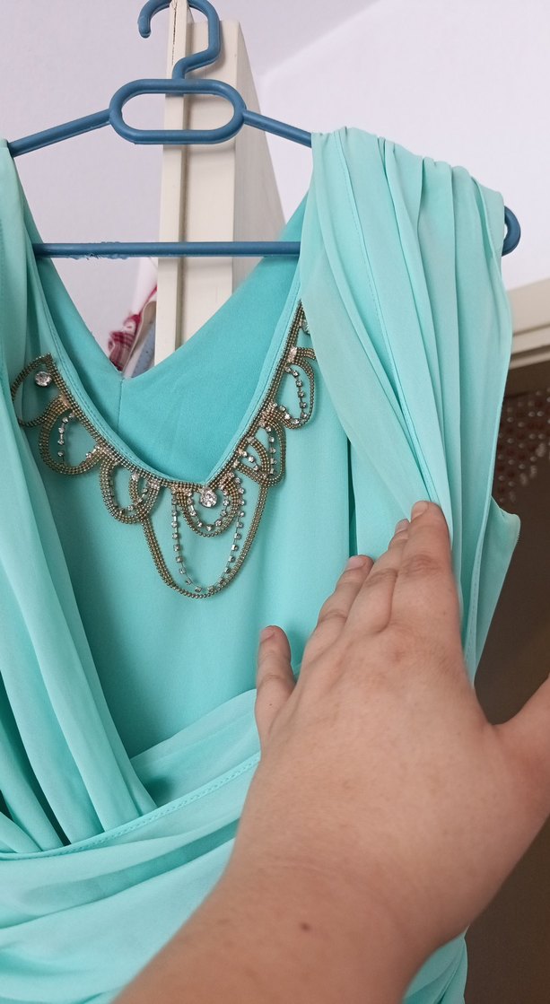 Turkuaz Uzun Drapeli Abiye Elbise - Görsel 3