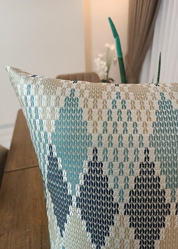 Bohem Tarzı Gri Turkuaz Desenli Kırlent kılıfı - Görsel 2