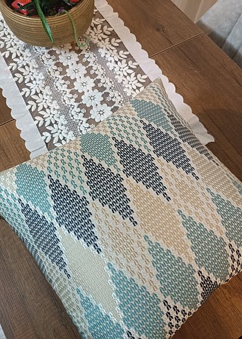 Bohem Tarzı Gri Turkuaz Desenli Kırlent kılıfı - Görsel 6