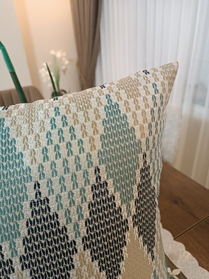 Bohem Tarzı Gri Turkuaz Desenli Kırlent kılıfı - Görsel 3