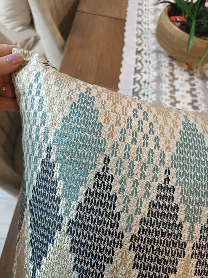 Bohem Tarzı Gri Turkuaz Desenli Kırlent kılıfı - Görsel 4