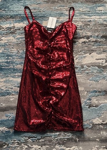 Kırmızı Parlak Pul Detaylı Mini Elbise - Görsel 2