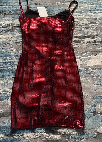 Kırmızı Parlak Pul Detaylı Mini Elbise - Görsel 4