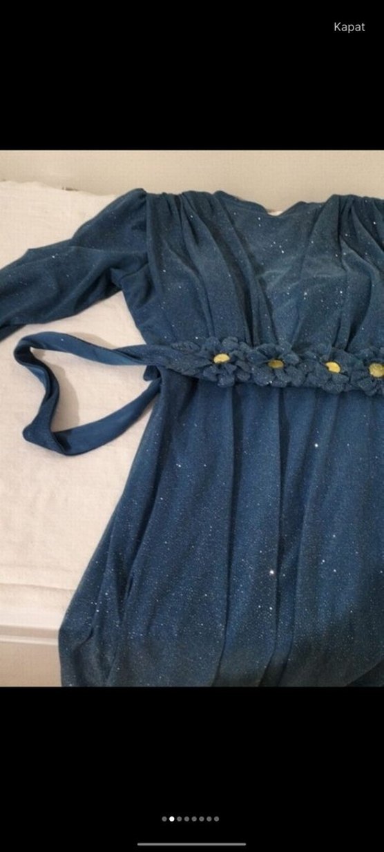 Uzun Mavi Drapeli Kadın Abiye Elbise - Görsel 2