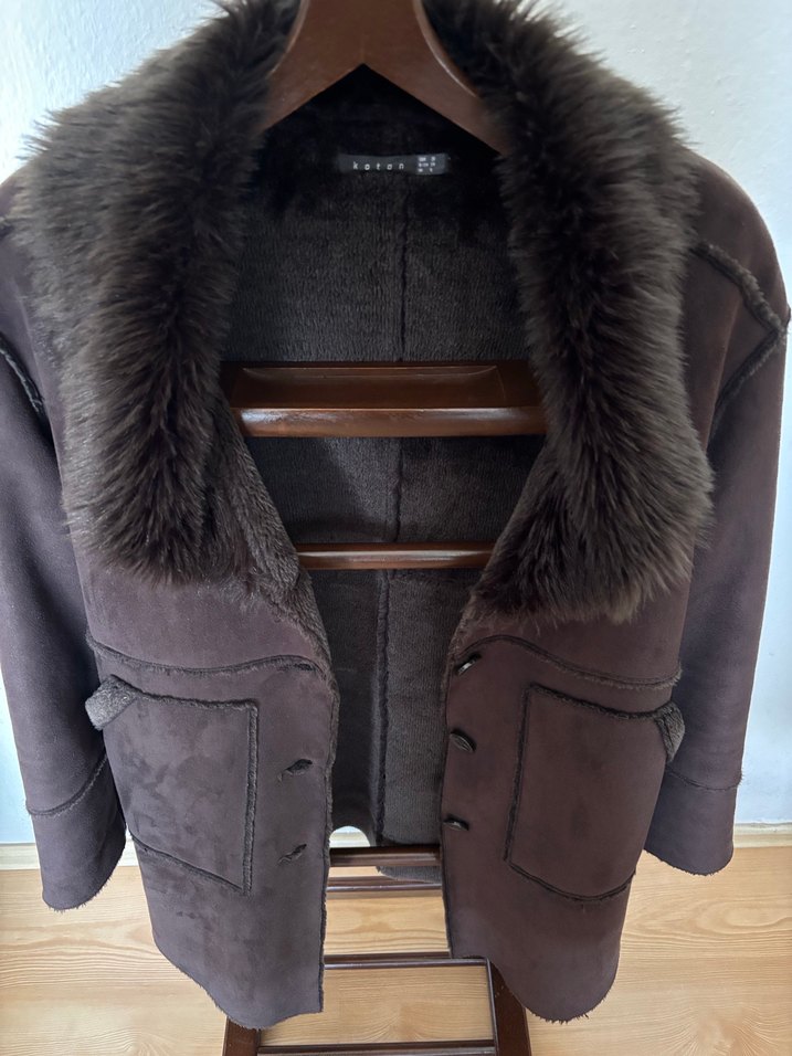Kahverengi Süet Kadın Kaban Kürklü - Görsel 2