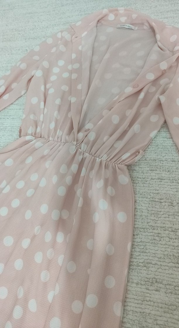 Uzun Kollu Pudra Puantiyeli Uzun Elbise - Görsel 3