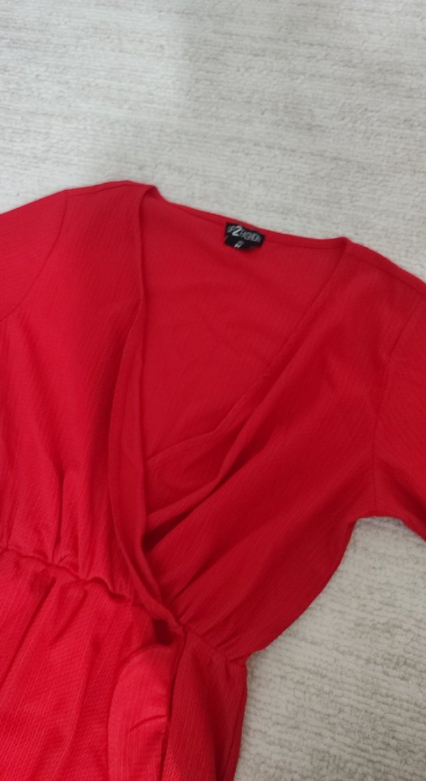 Kırmızı V Yakalı Midi  Elbise - Görsel 3