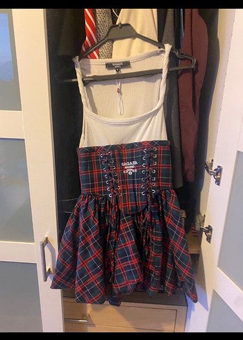 Kareli Mini Straplez Korse Detaylı Elbise - Görsel 2