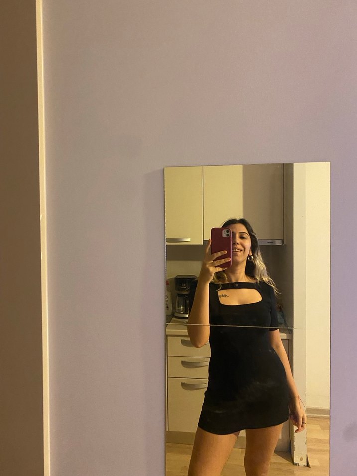 Siyah V Yaka Mini Şeffaf Elbise - Görsel 5