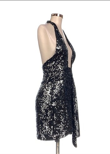 Parlak Siyah Payetli Midi Elbise - Görsel 2