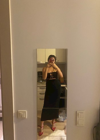 m Beden Siyah Transparan Strappy Midi Elbise