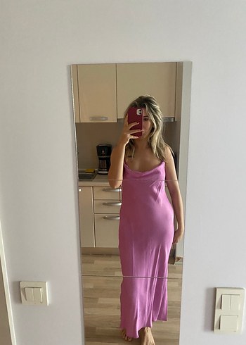 Pembe Transparan İp Askılı Midi Elbise