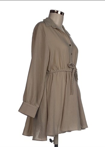 Zara Bej Midi Keten Gömlek Elbise