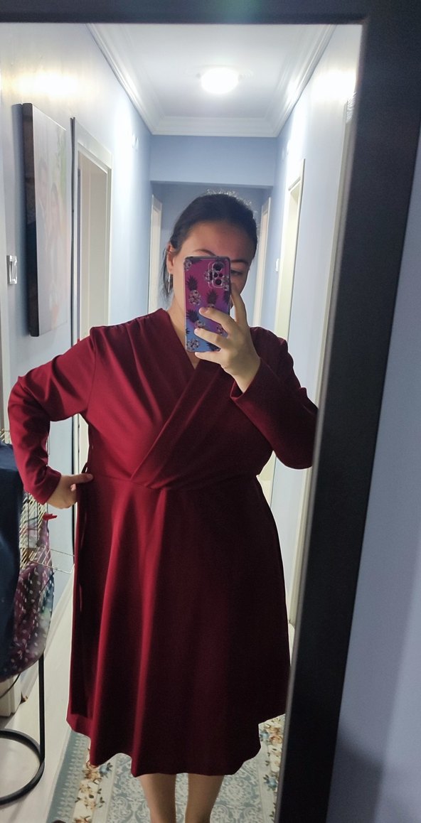 Bordo Uzun Kollu Kruvaze Yaka Elbise - Görsel 4