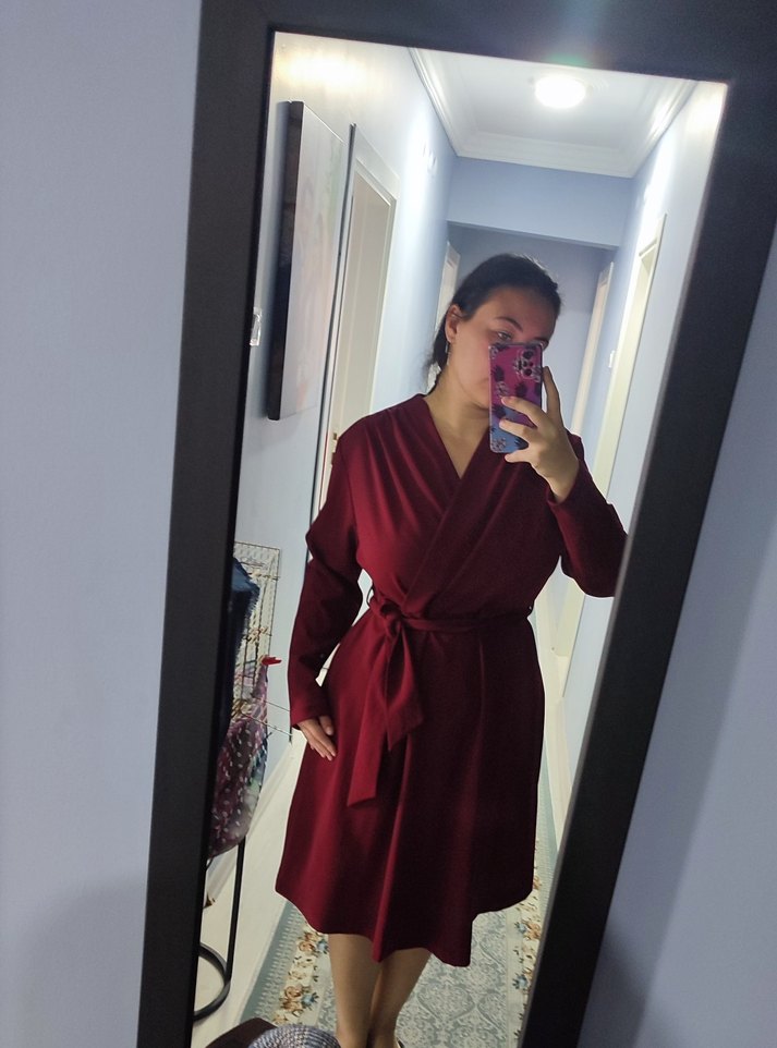 Bordo Uzun Kollu Kruvaze Yaka Elbise - Görsel 3