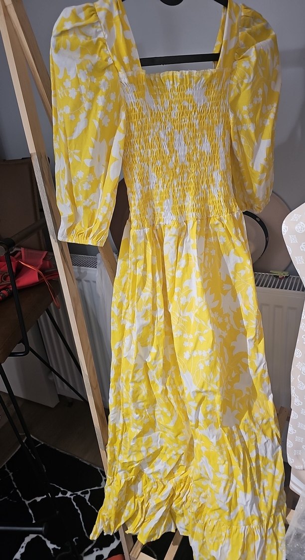 Sarı Bağlama Desenli Midi Bohem Elbise - Görsel 4