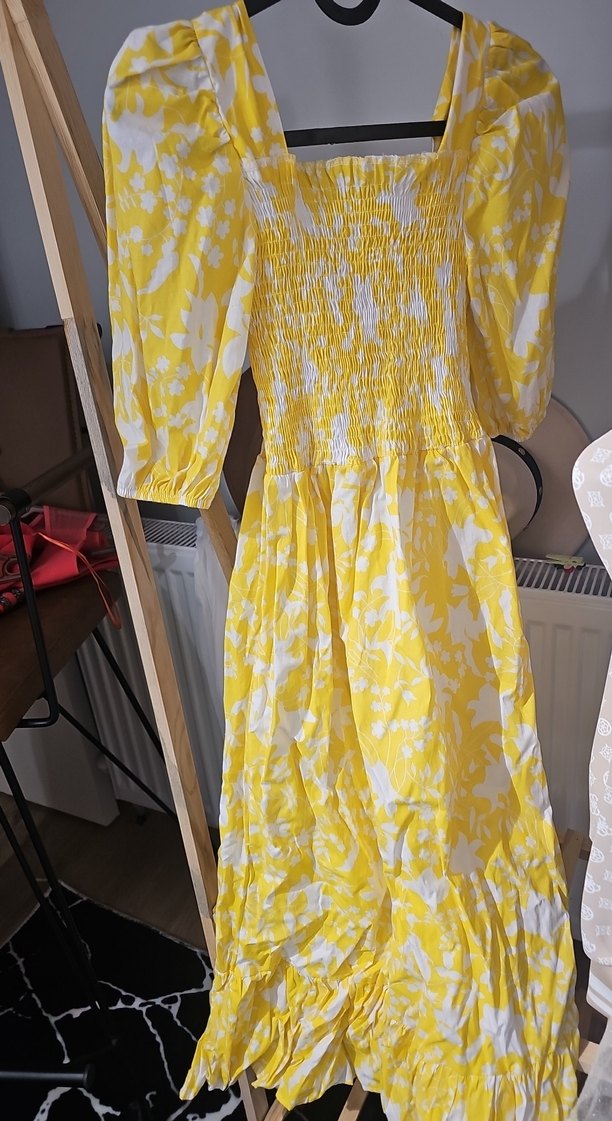 Sarı Bağlama Desenli Midi Bohem Elbise - Görsel 5