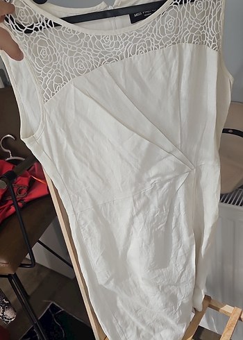 Dantel Detaylı Kolsuz Beyaz Keten Elbise - Görsel 6