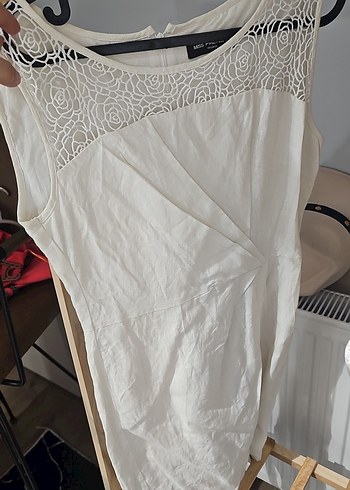 Dantel Detaylı Kolsuz Beyaz Keten Elbise - Görsel 4