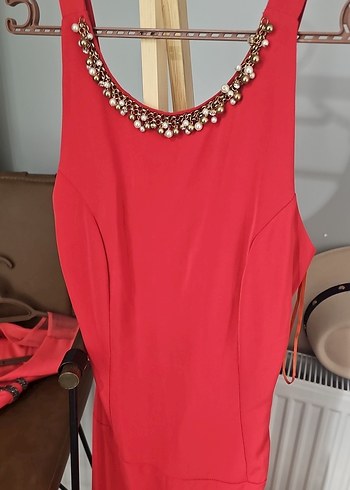 Kırmızı Boncuk İşlemeli Uzun Abiye Elbise - Görsel 3