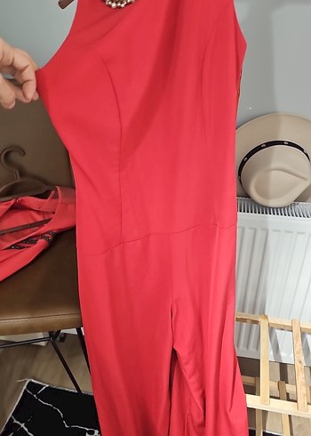 Kırmızı Boncuk İşlemeli Uzun Abiye Elbise - Görsel 6