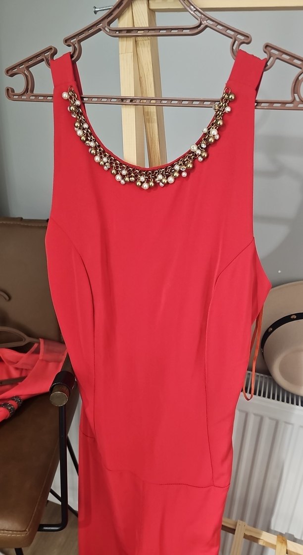 Kırmızı Boncuk İşlemeli Uzun Abiye Elbise - Görsel 2