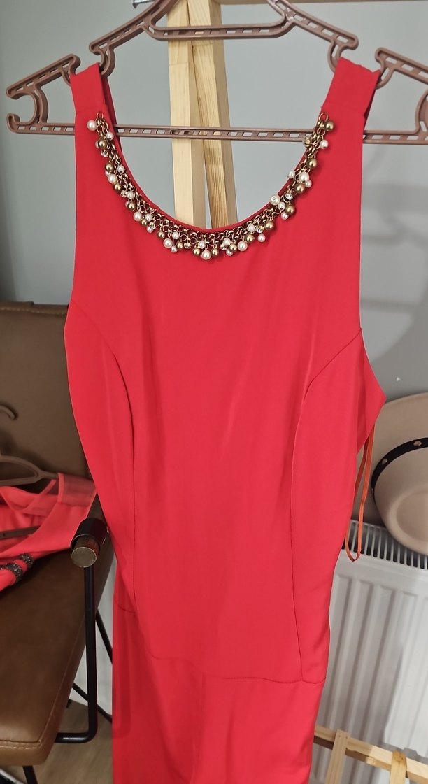 Kırmızı Boncuk İşlemeli Uzun Abiye Elbise - Görsel 3