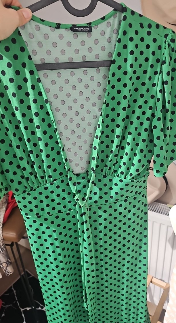 Yeşil Puantiyeli V Yaka Hamile Bluzu - Görsel 2