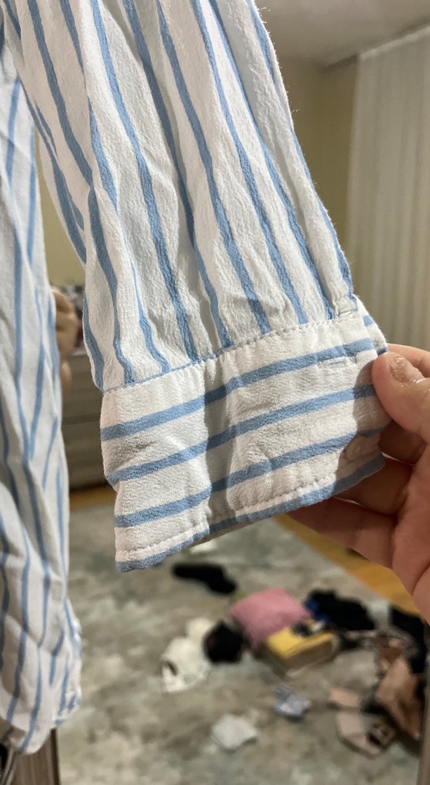 Düğmeli Çizgili Beyaz mavi Kadın Gömlek - Görsel 3