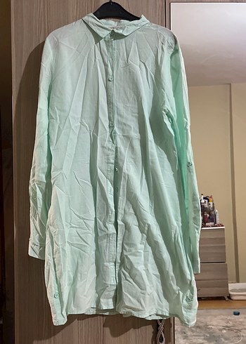 Uzun Kollu Yeşil Keten Gömlek - Görsel 2