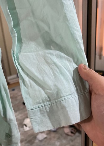Uzun Kollu Yeşil Keten Gömlek - Görsel 3