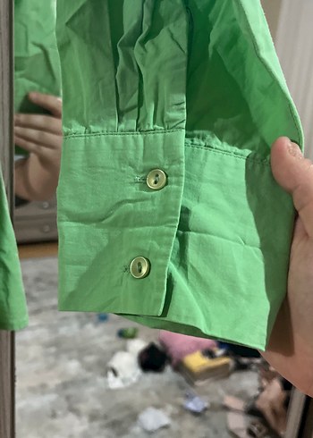 Düğmeli Yeşil Kadın Keten Gömlek - Görsel 3