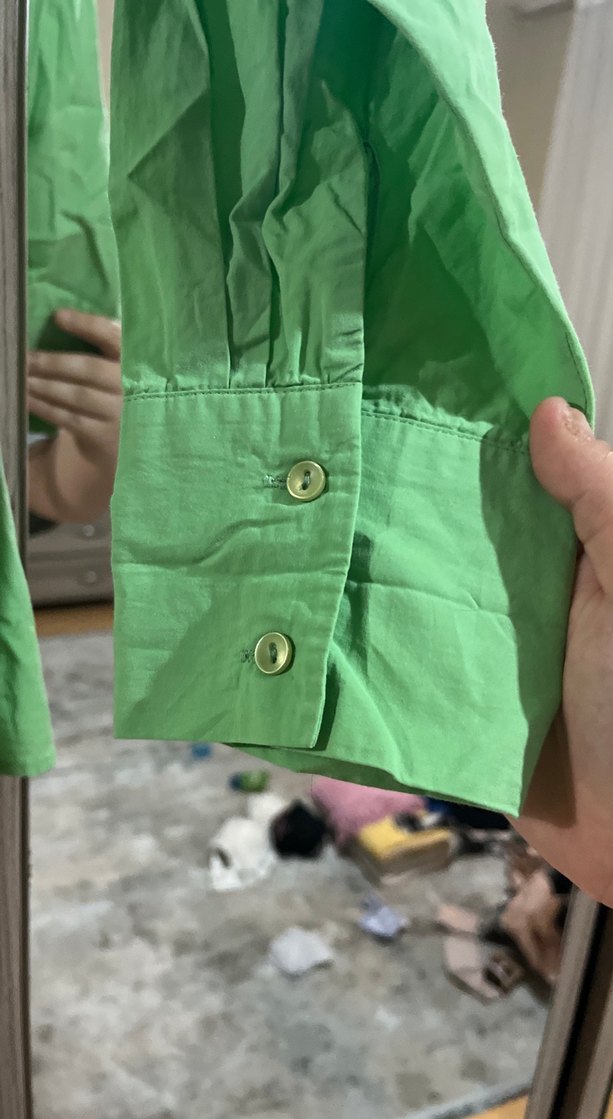 Düğmeli Yeşil Kadın Keten Gömlek - Görsel 3