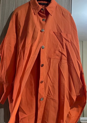 Turuncu Düğmeli Uzun Kollu Keten Gömlek - Görsel 3