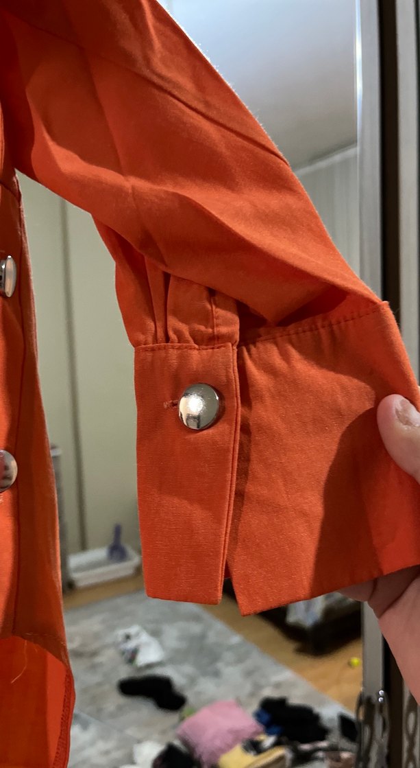 Turuncu Düğmeli Uzun Kollu Keten Gömlek - Görsel 4