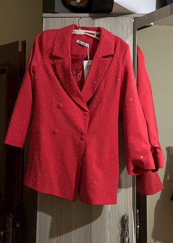 Düğmeli Kırmızı Mini Kadın Blazer Ceket - Görsel 2