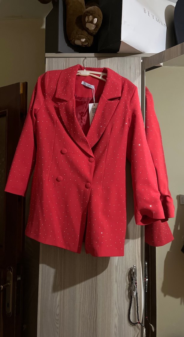 Düğmeli Kırmızı Mini Kadın Blazer Ceket - Görsel 2