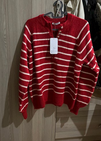 Çizgili Kırmızı Triko Kadın Kazak - Görsel 2