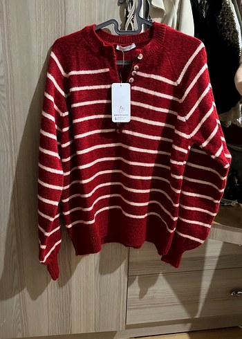 Çizgili Kırmızı Triko Kadın Kazak - Görsel 3