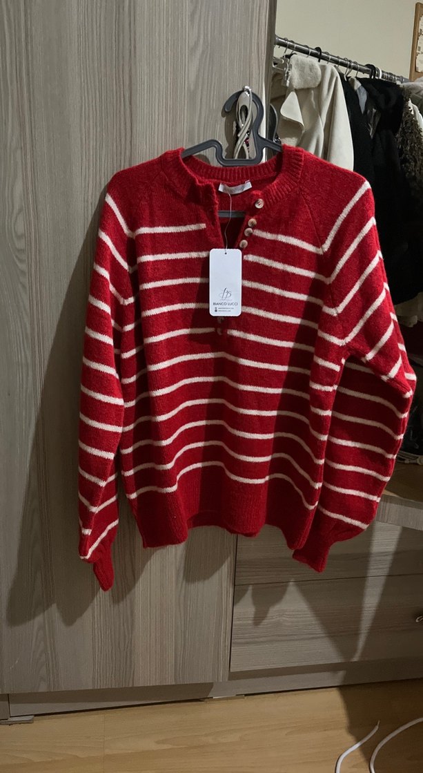 Çizgili Kırmızı Triko Kadın Kazak - Görsel 2