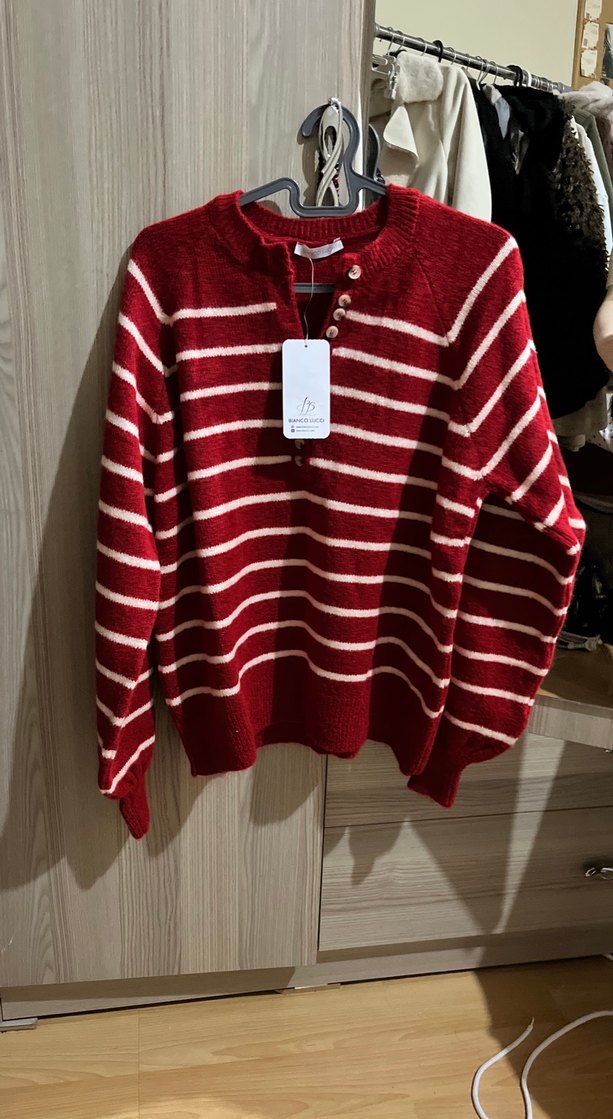 Çizgili Kırmızı Triko Kadın Kazak - Görsel 3